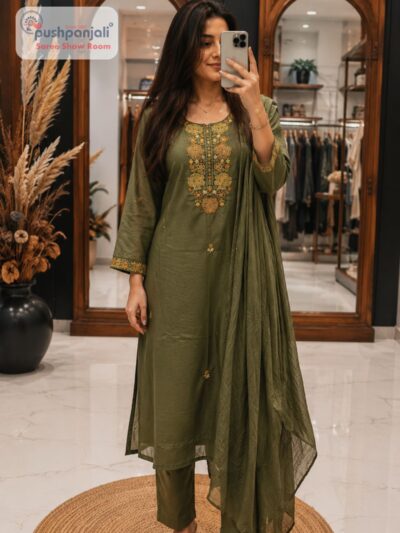 Olive Green Embroidered Straight Fit Suit Set