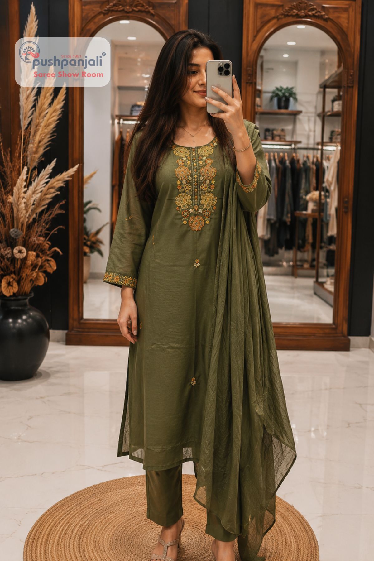 Olive Green Embroidered Straight Fit Suit Set