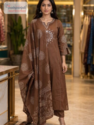 Chocolate Brown Straight Fit Ethnic Suit Set with Printed Dupatta