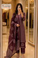 Wine Purple Printed Straight Fit Suit Set with Dupatta