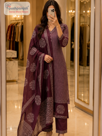 Wine Purple Printed Straight Fit Suit Set with Dupatta