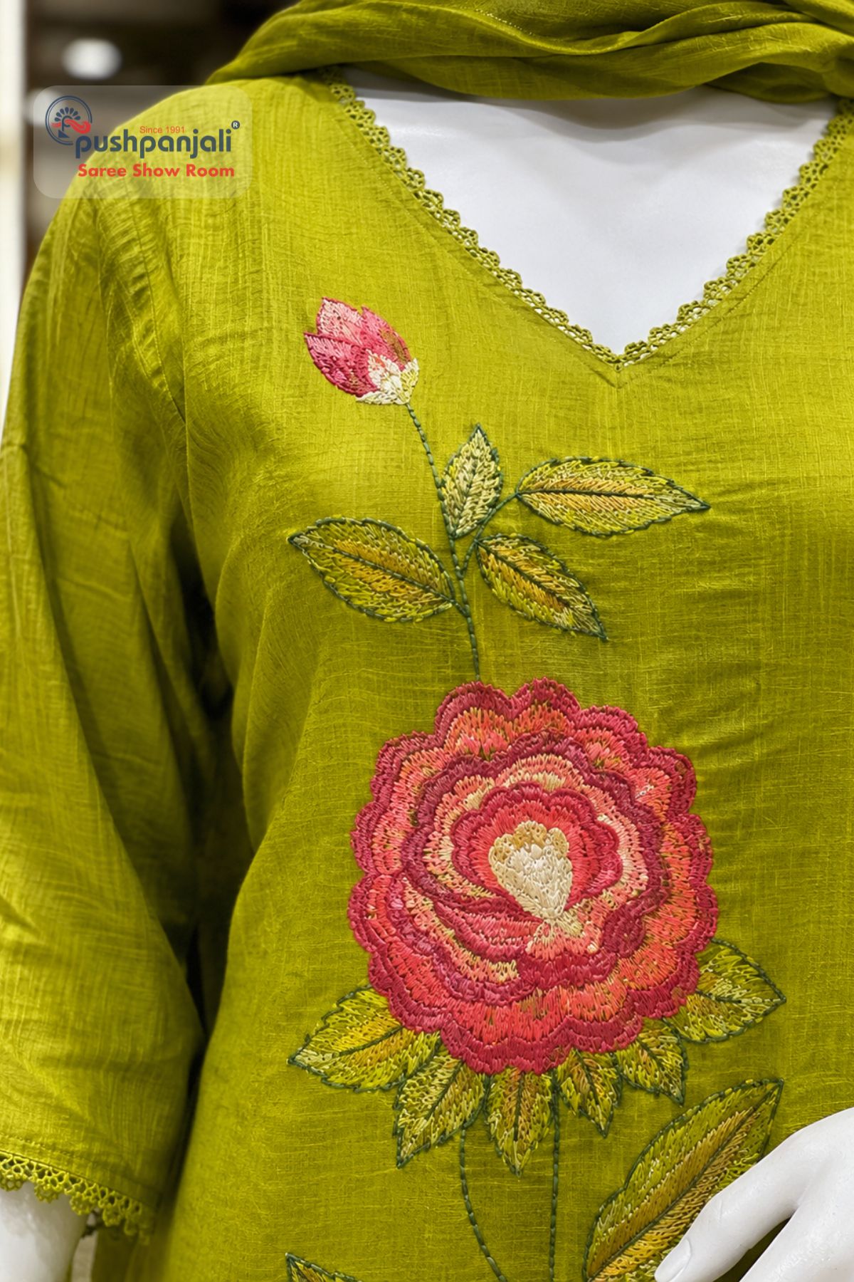 Lime Green Floral Embroidered Mul Cotton Kurta Set - Image 2