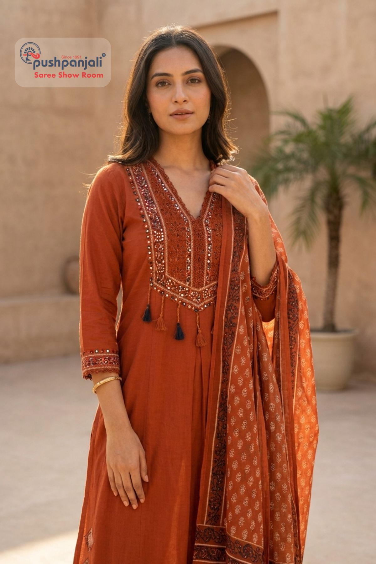 Rust Orange A-Line Kurta Set with Printed Dupatta - Image 4