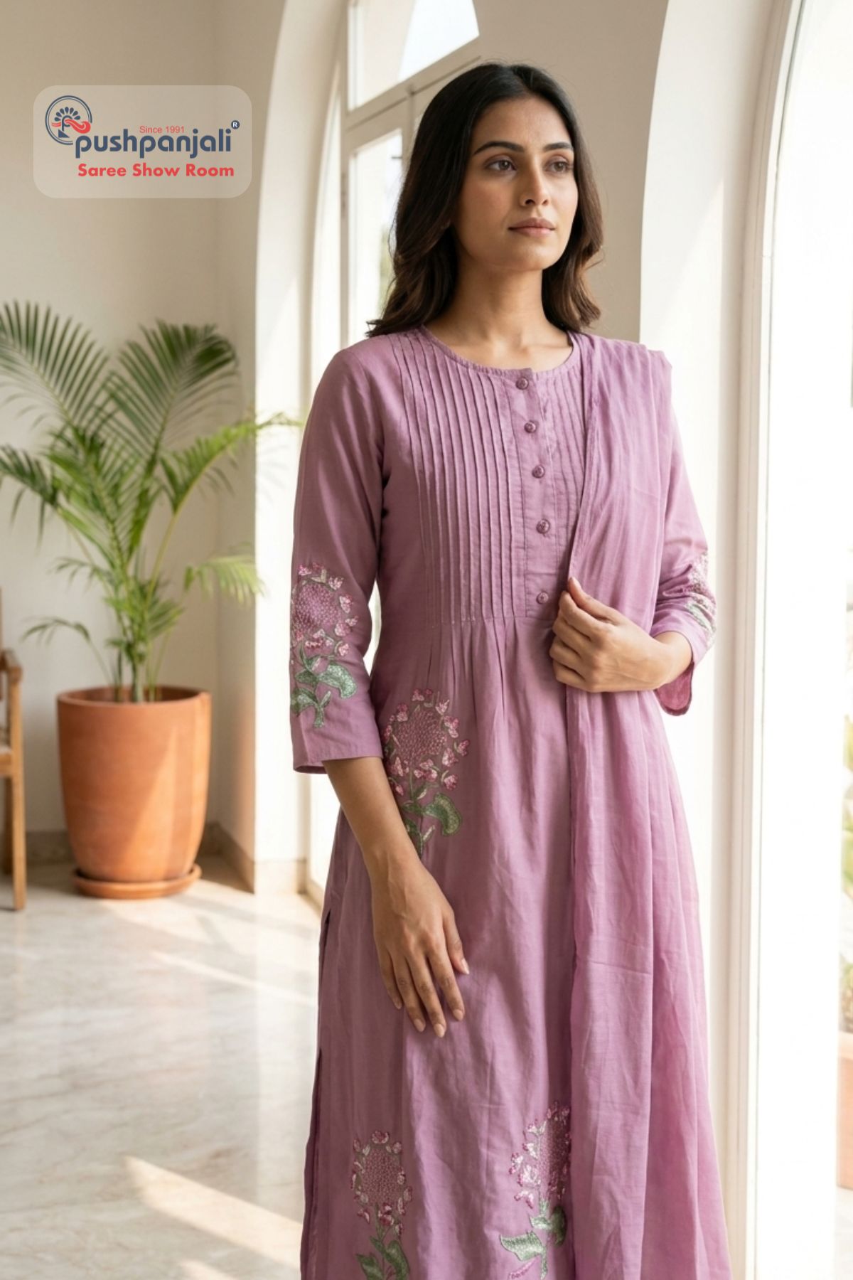 Dusty Rose Embroidered A-Line Kurta Set with Dupatta - Image 2