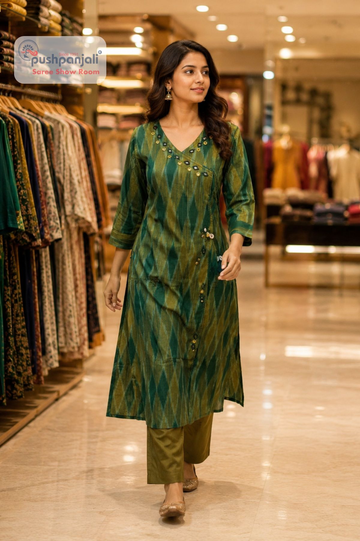 Olive Green Ikat Print Straight Kurta Pant Set - Image 2