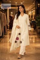 Off White Floral Embroidered A-Line Kurta Set with Dupatta