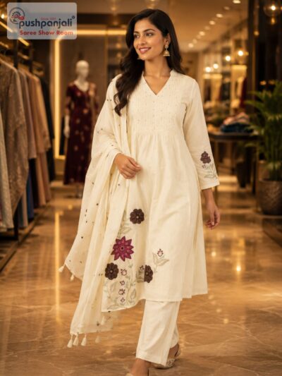 Off White Floral Embroidered A-Line Kurta Set with Dupatta