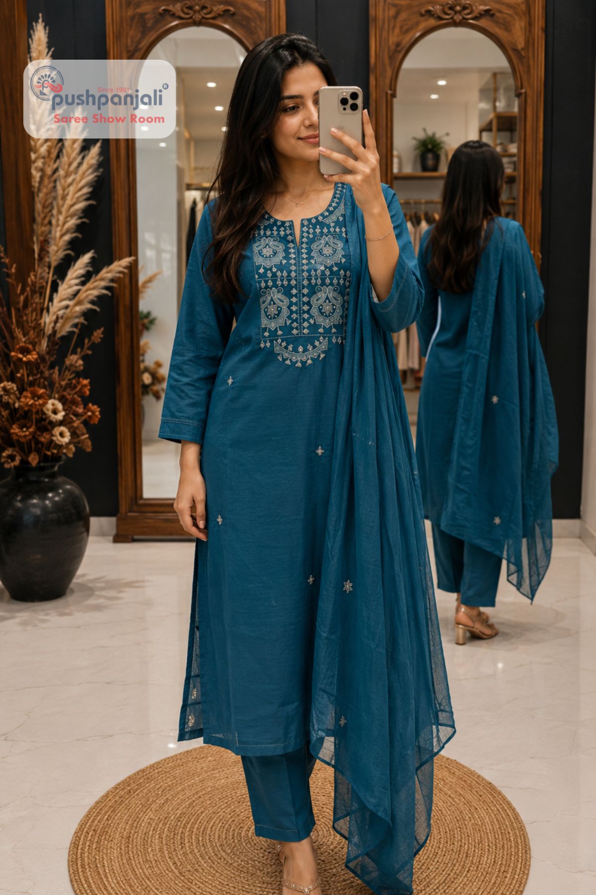 Teal Blue Heavy Embroidered Straight Fit Suit Set - Image 2