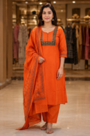 Rust Orange Embroidered Straight Kurta Set with Dupatta