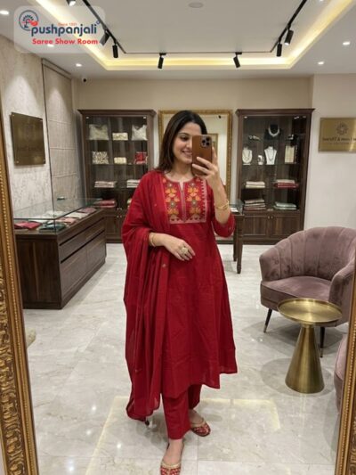 Ruby Red Embroidered A-Line Kurta Set with Dupatta