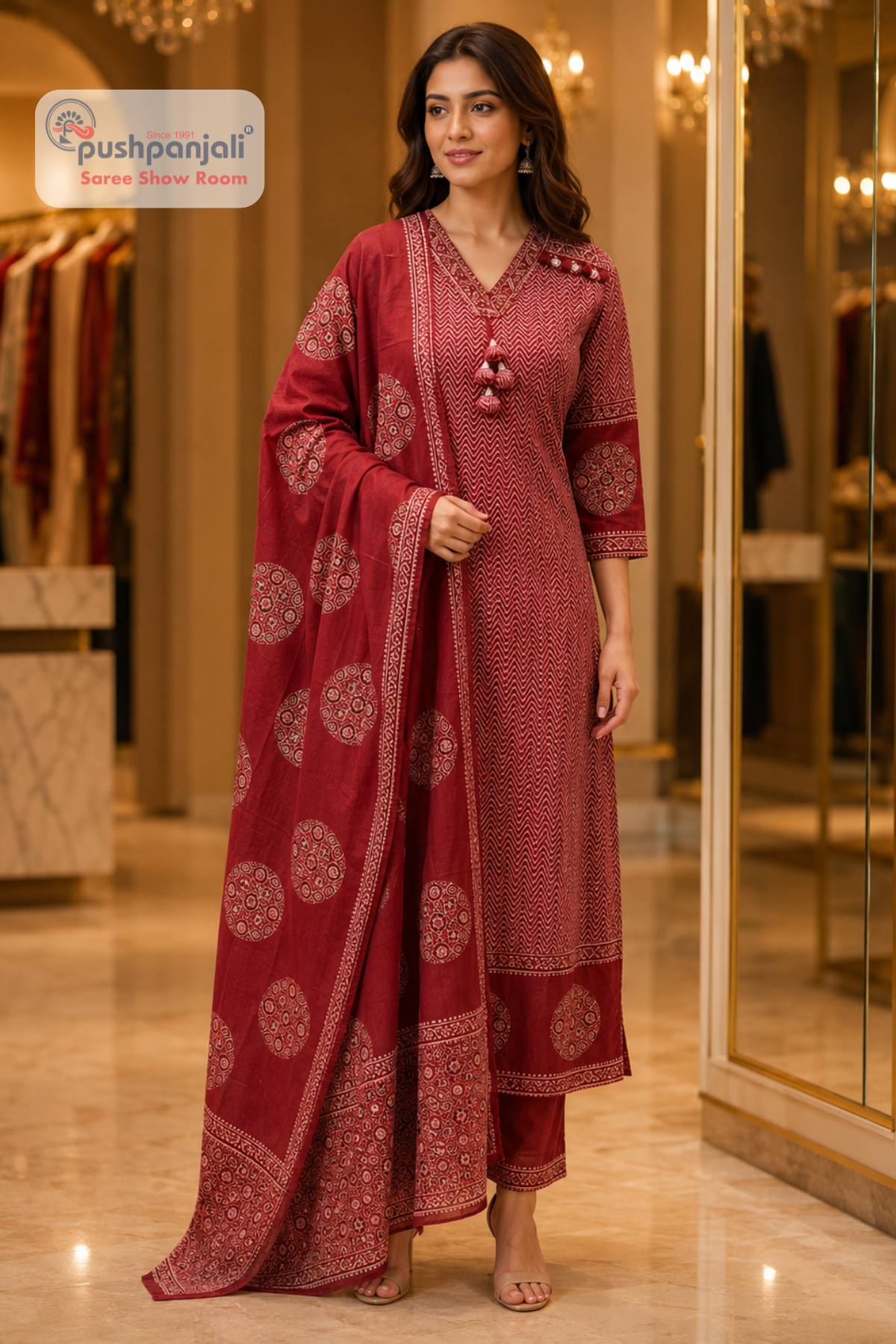 Maroon Printed Straight Fit Suit Set with Dupatta - Image 2