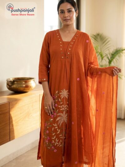 Rust Orange Floral Embroidered A-Line Mul Cotton Suit Set with Dupatta