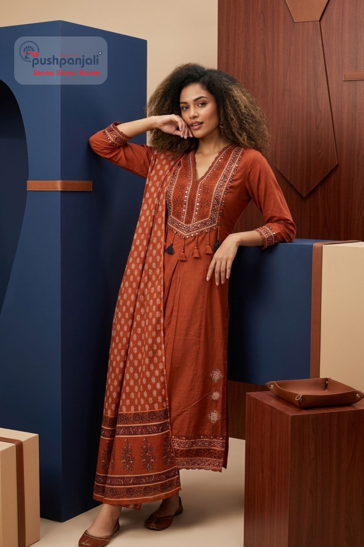 Rust Orange A-Line Kurta Set with Printed Dupatta - Image 2
