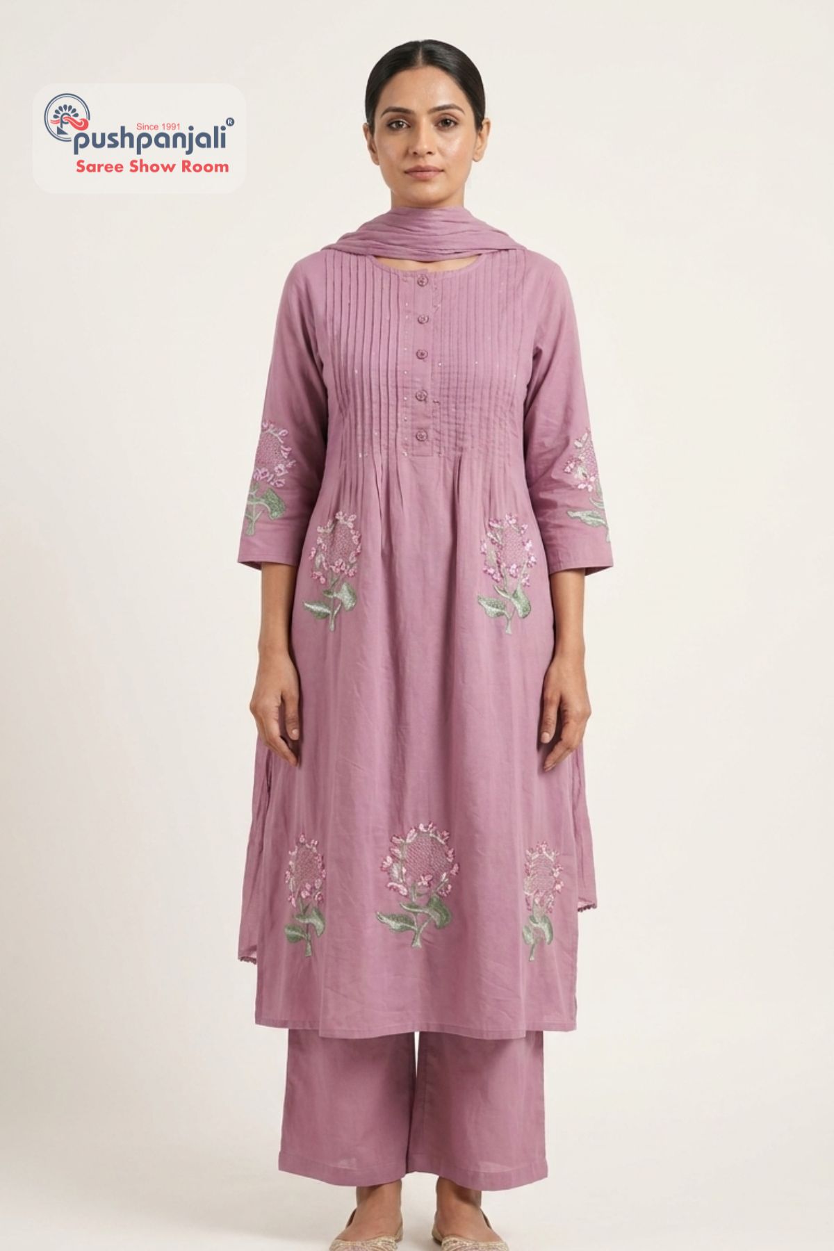 Dusty Rose Embroidered A-Line Kurta Set with Dupatta