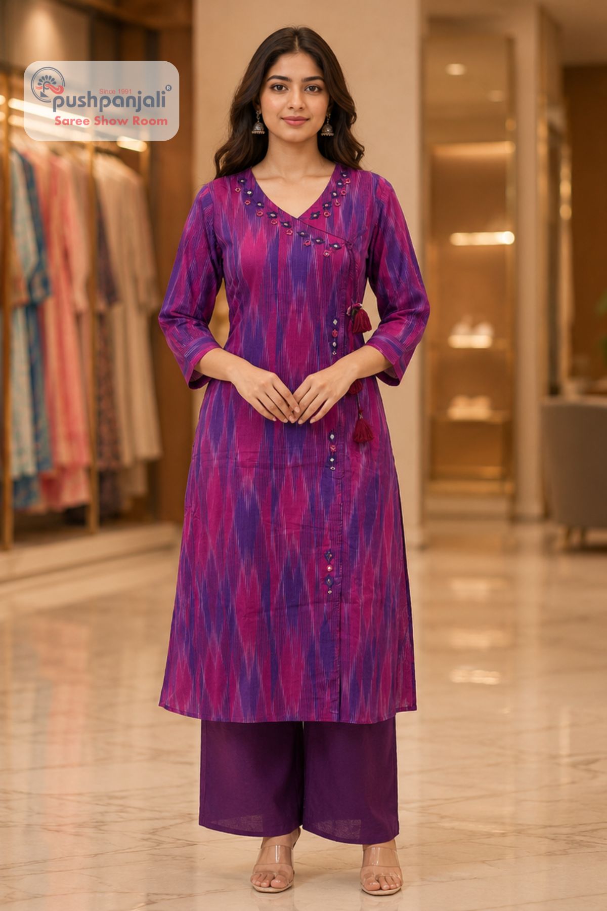 Purple Ikat Print Straight Kurta Pant Set