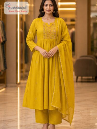 Mustard Yellow Embroidered Anarkali Suit Set with Dupatta