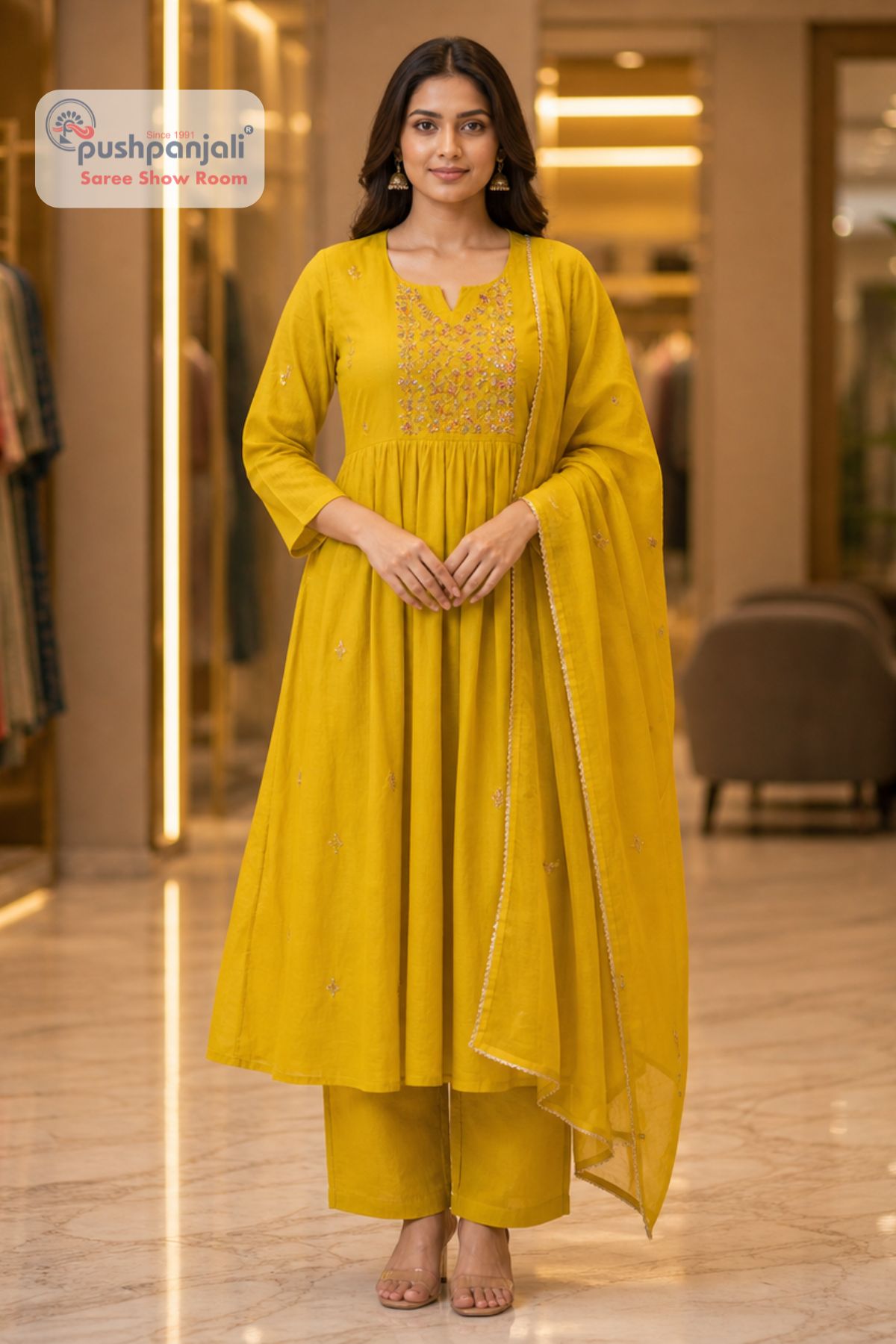 Mustard Yellow Embroidered Anarkali Suit Set with Dupatta