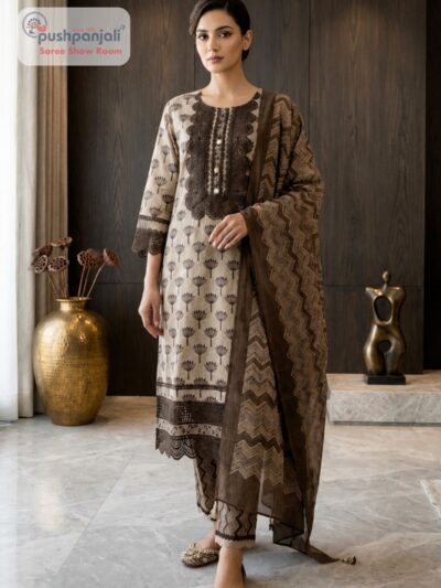 Beige & Dark Brown Printed Straight Fit Suit Set with Dupatta