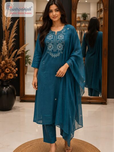 Teal Blue Heavy Embroidered Straight Fit Suit Set