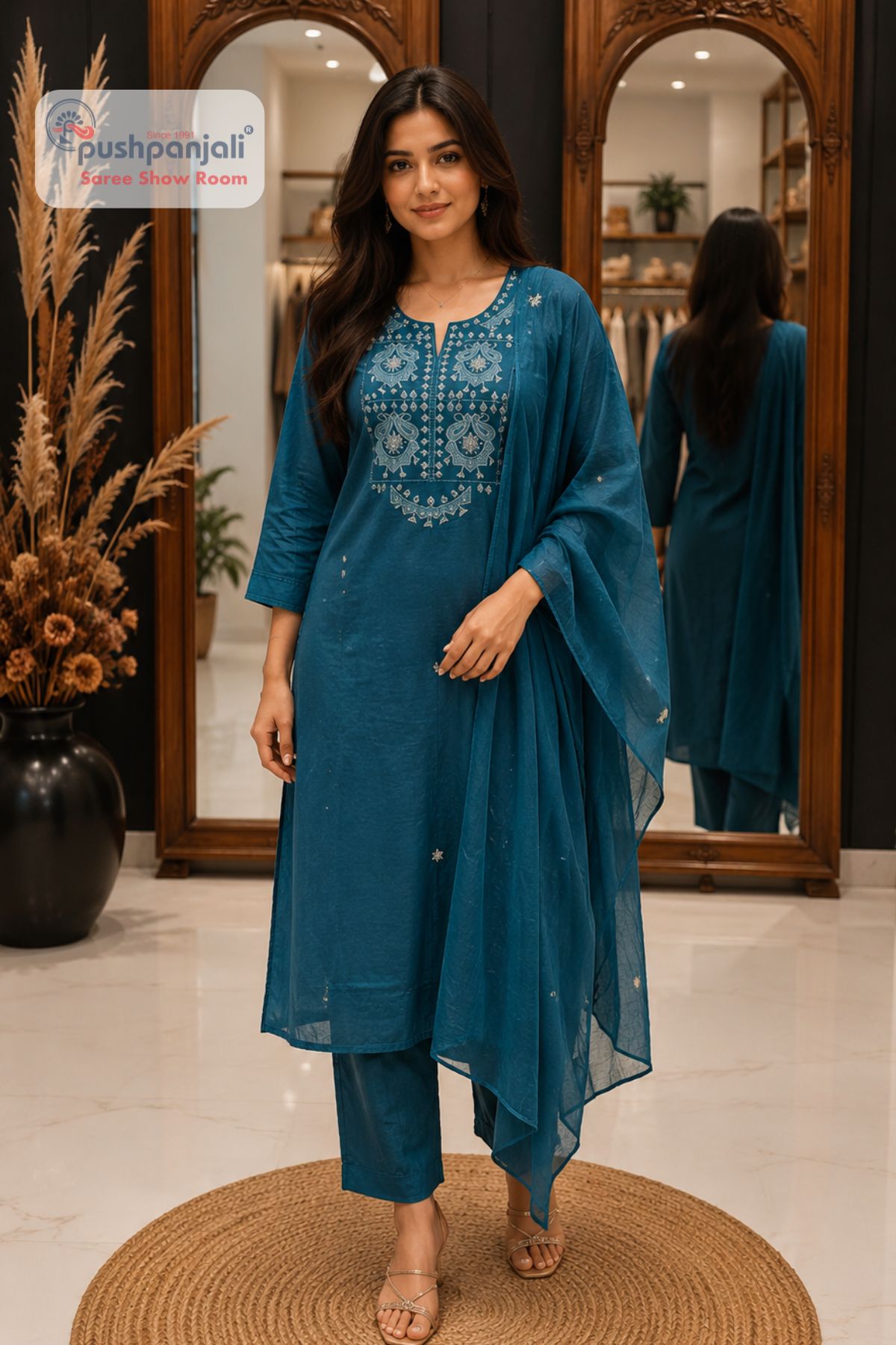 Teal Blue Heavy Embroidered Straight Fit Suit Set