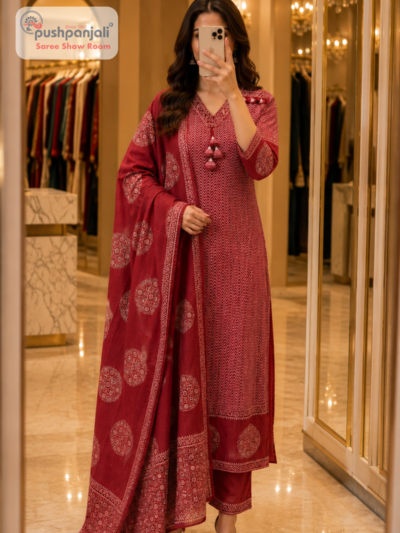 Maroon Printed Straight Fit Suit Set with Dupatta