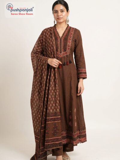 Chocolate Brown A-Line Kurta Set with Printed Dupatta