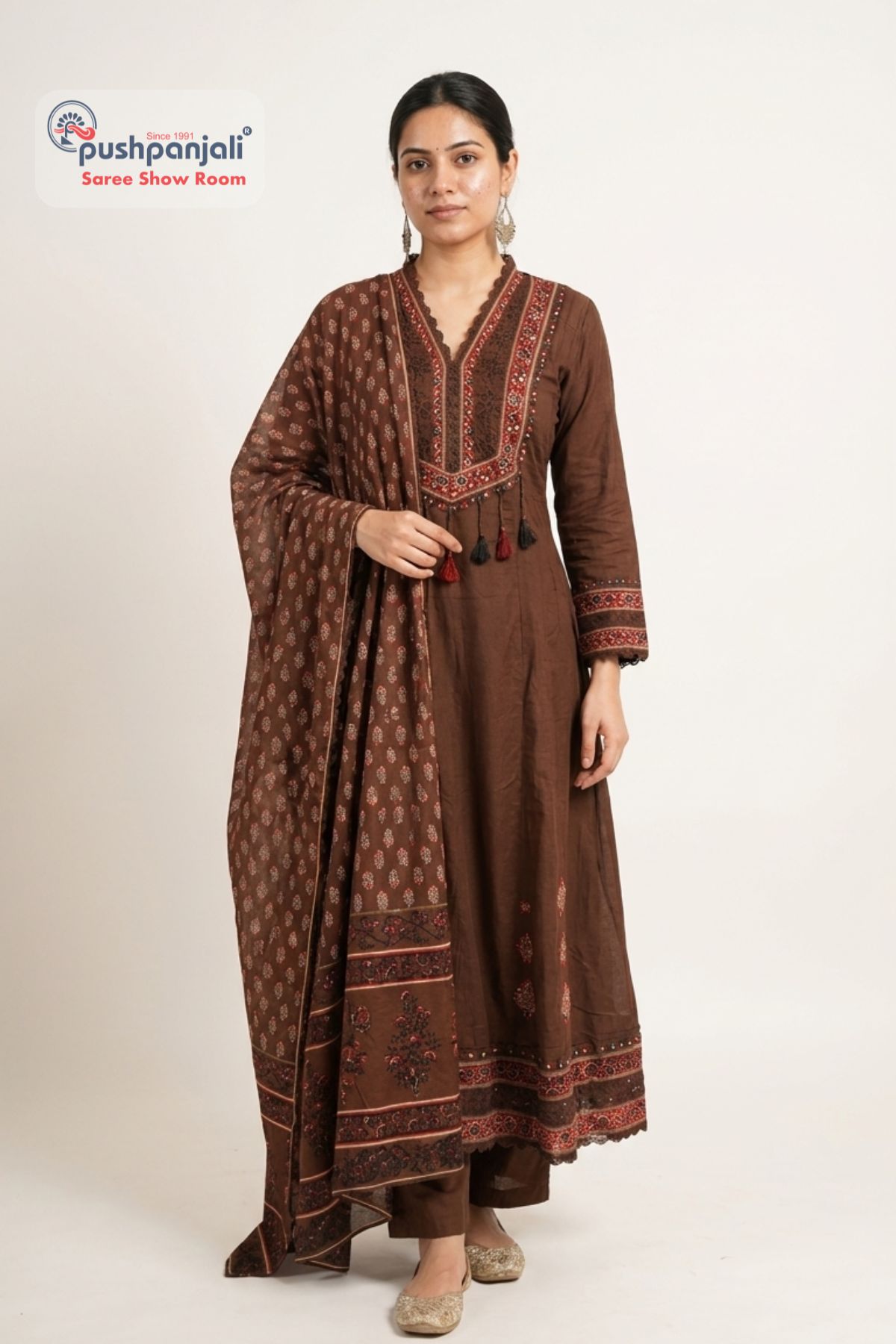 Chocolate Brown A-Line Kurta Set with Printed Dupatta