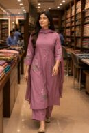 Mauve Pink Embroidered A-Line Kurta Set with Dupatta