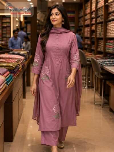 Mauve Pink Embroidered A-Line Kurta Set with Dupatta