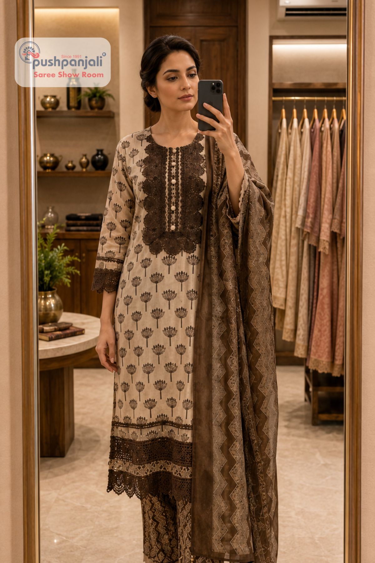 Beige & Dark Brown Printed Straight Fit Suit Set with Dupatta - Image 2