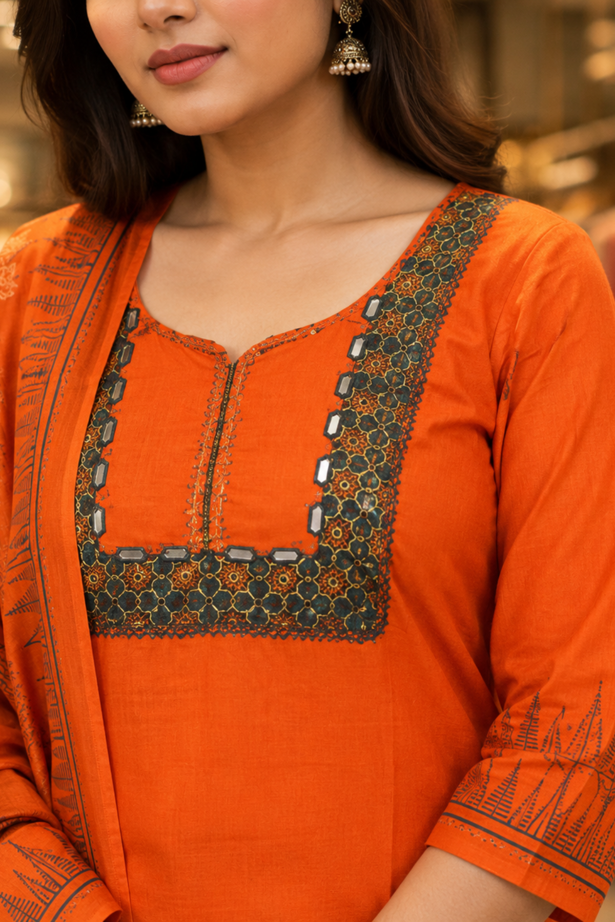Rust Orange Embroidered Straight Kurta Set with Dupatta - Image 3
