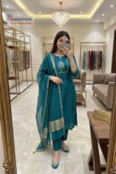 Teal Blue Straight Kurta Set with Golden Border Dupatta