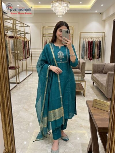 Teal Blue Straight Kurta Set with Golden Border Dupatta