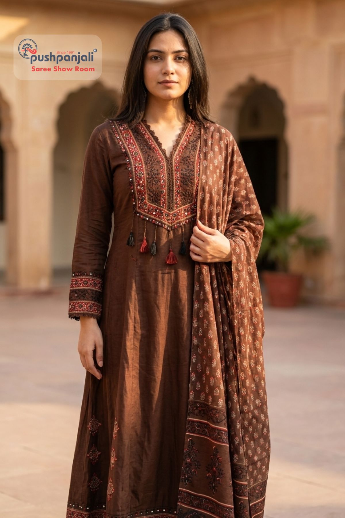 Chocolate Brown A-Line Kurta Set with Printed Dupatta - Image 2