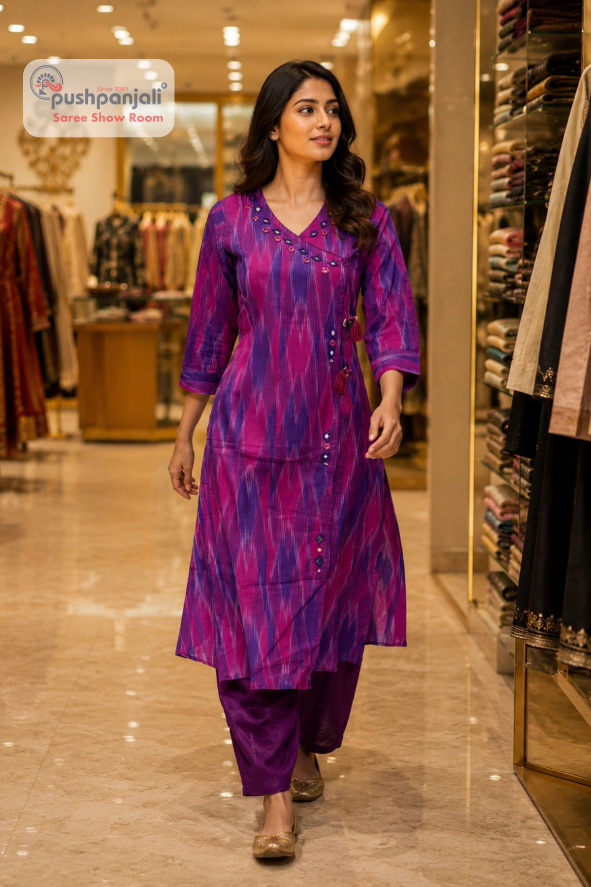 Purple Ikat Print Straight Kurta Pant Set - Image 3
