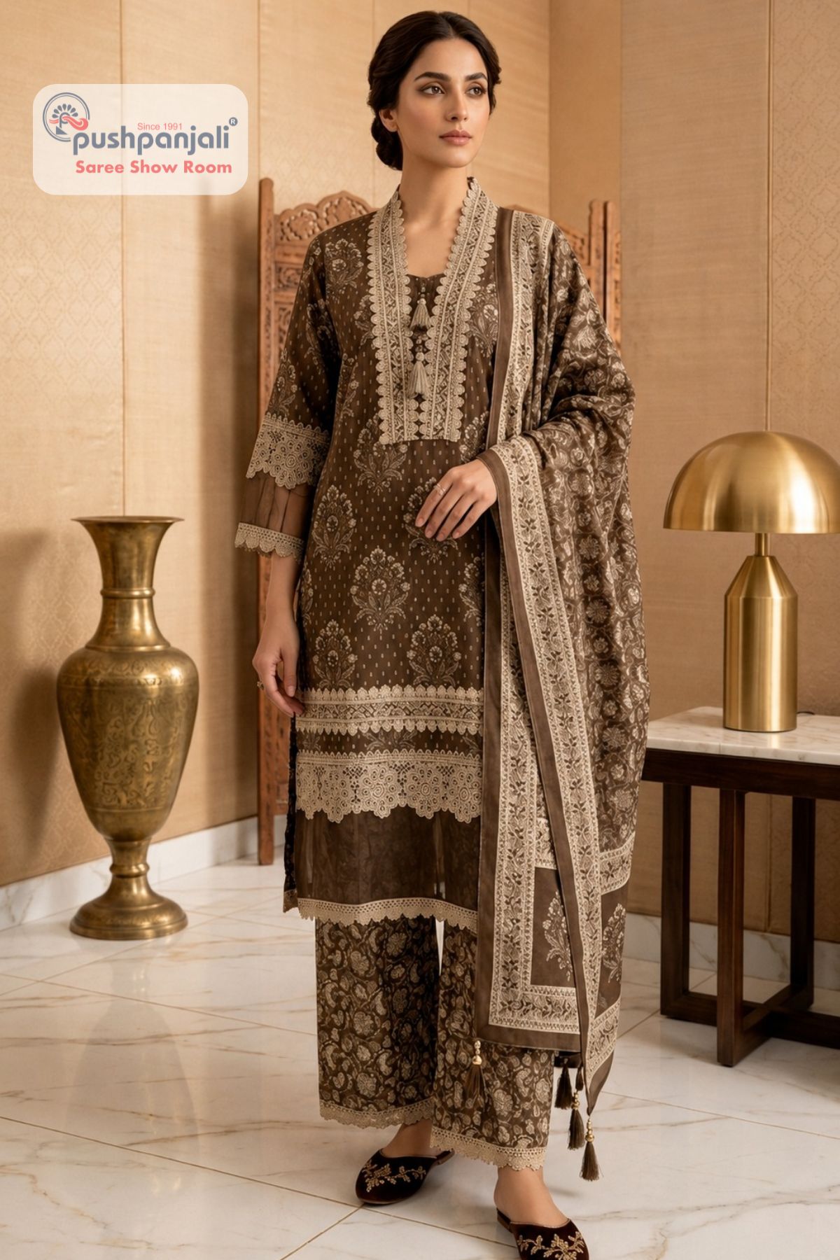 Coffee Brown Designer Straight Fit Suit Set with Printed Dupatta