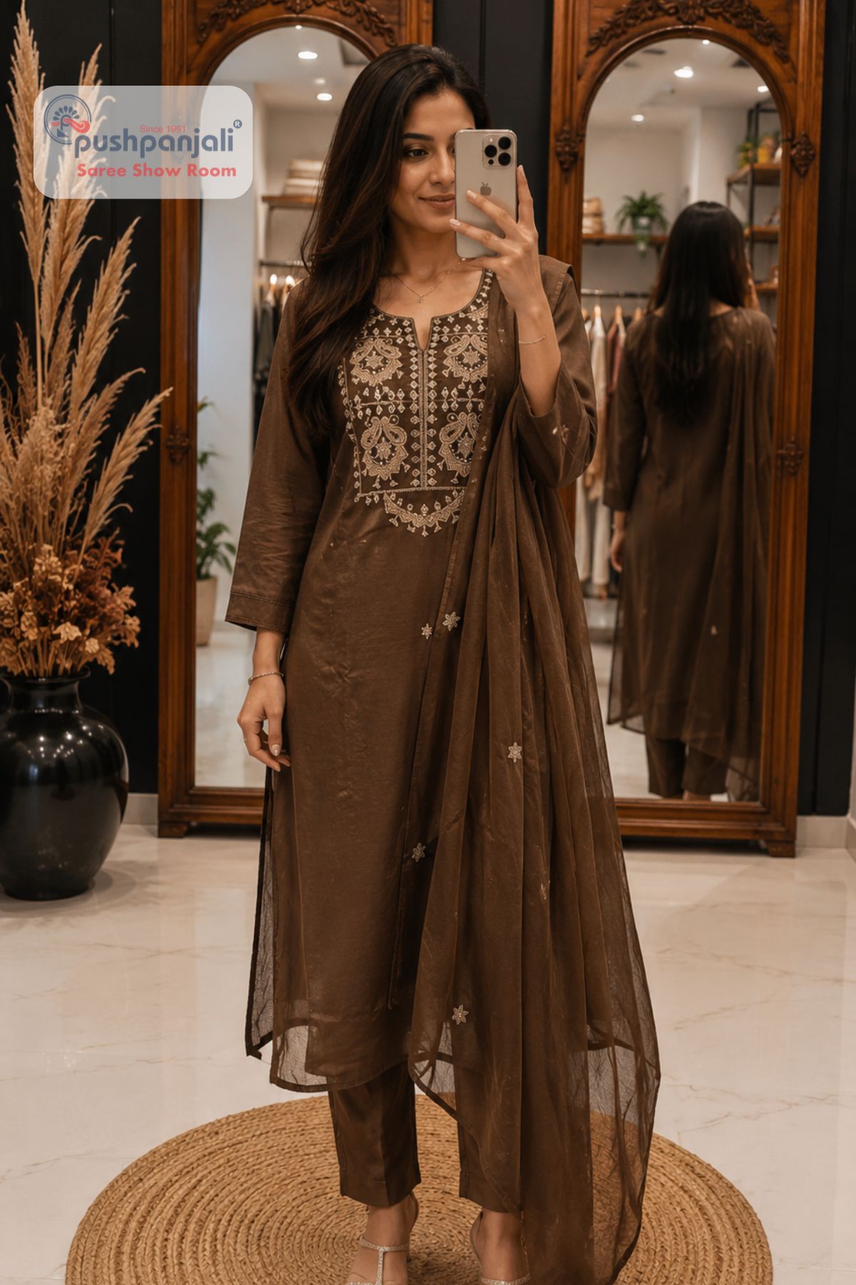 Chocolate Brown Royal Embroidered Straight Fit Suit Set - Image 2