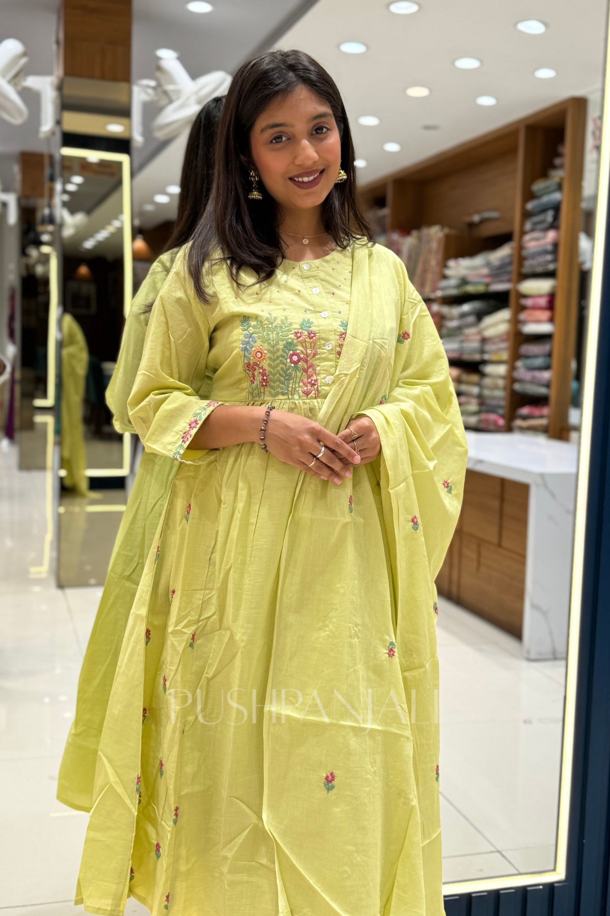 Lime Yellow Embroidered Anarkali Suit Set with Dupatta