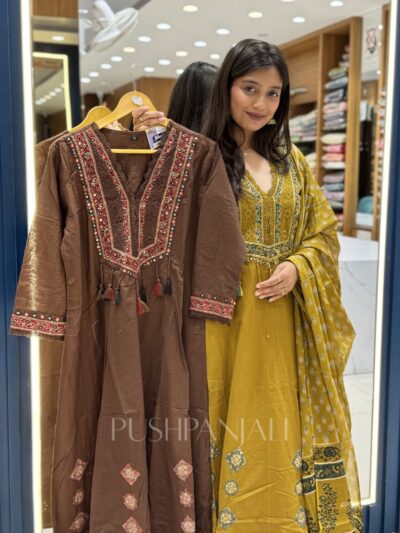 Chocolate Brown A-Line Kurta Set with Printed Dupatta