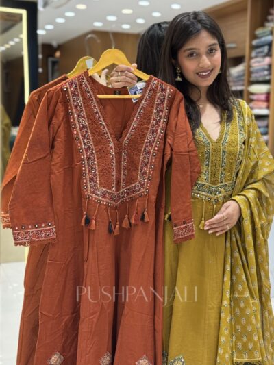 Rust Orange A-Line Kurta Set with Printed Dupatta