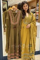 Olive Mehendi A-Line Kurta Set with Printed Dupatta