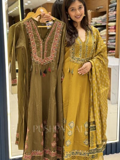 Olive Mehendi A-Line Kurta Set with Printed Dupatta