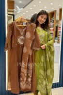 Premium Chocolate Brown Mirror Work Cotton Straight Kurta Pant Set with Dupatta for Women