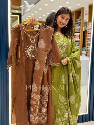 Premium Chocolate Brown Mirror Work Cotton Straight Kurta Pant Set with Dupatta for Women