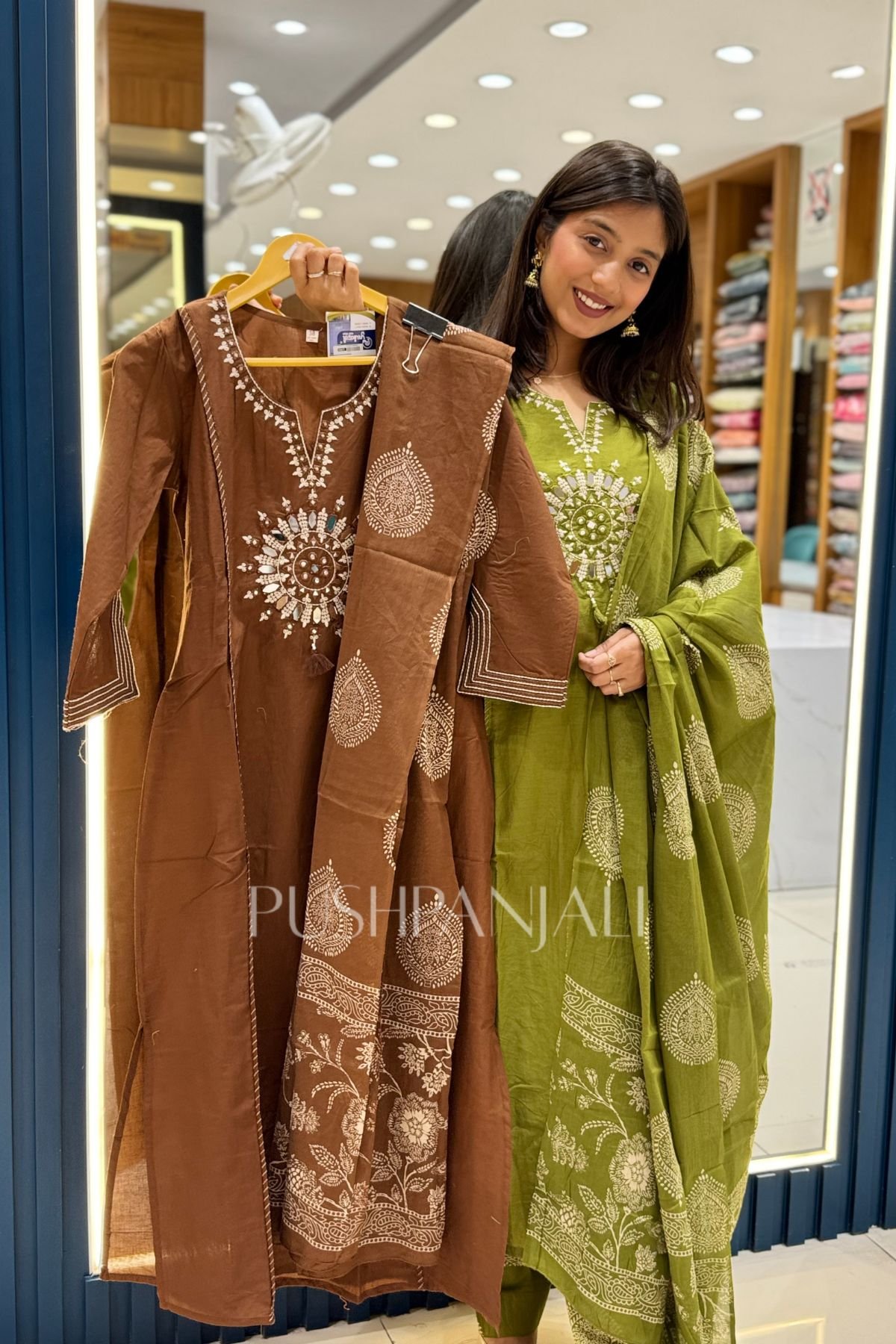 Premium Chocolate Brown Mirror Work Cotton Straight Kurta Pant Set with Dupatta for Women