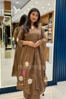 Coffee Brown Floral Embroidered A-Line Kurta Set with Dupatta