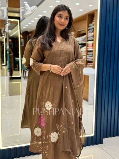 Coffee Brown Floral Embroidered A-Line Kurta Set with Dupatta