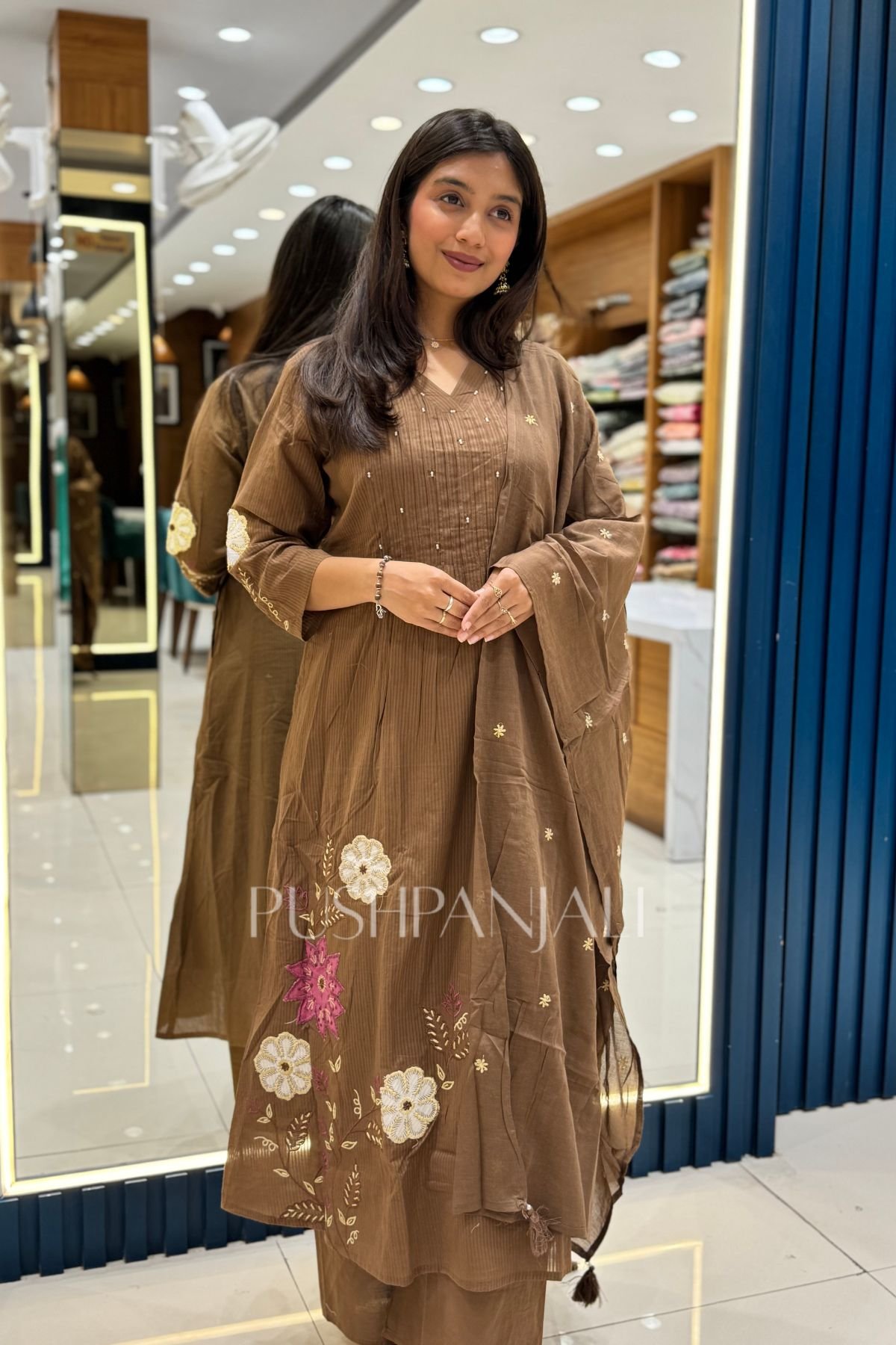 Coffee Brown Floral Embroidered A-Line Kurta Set with Dupatta