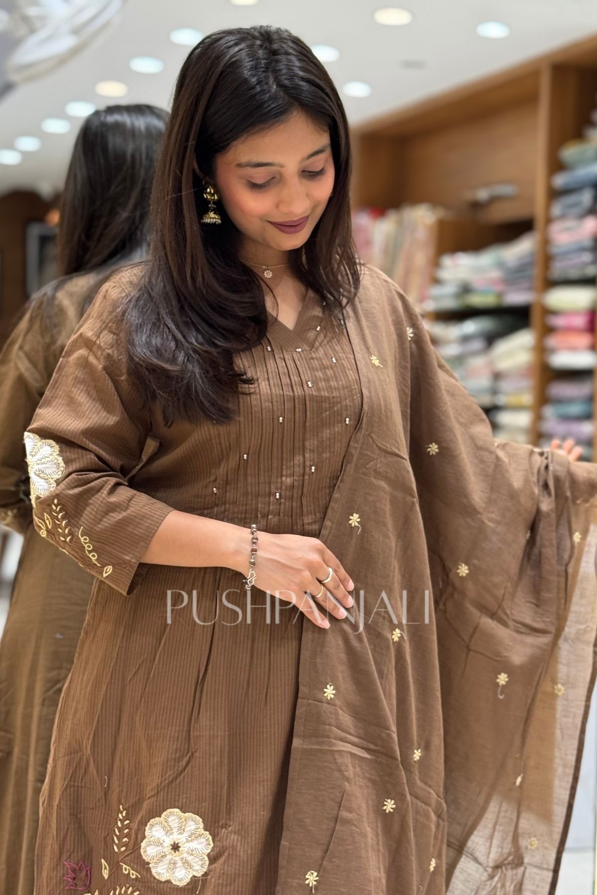 Coffee Brown Floral Embroidered A-Line Kurta Set with Dupatta - Image 2