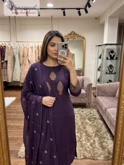 Purple Embroidered Straight Kurta Set with Dupatta